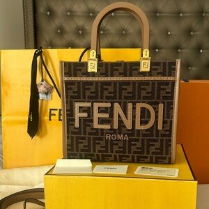 Fendi Brown Monogram Roma Tote with Beige Trim